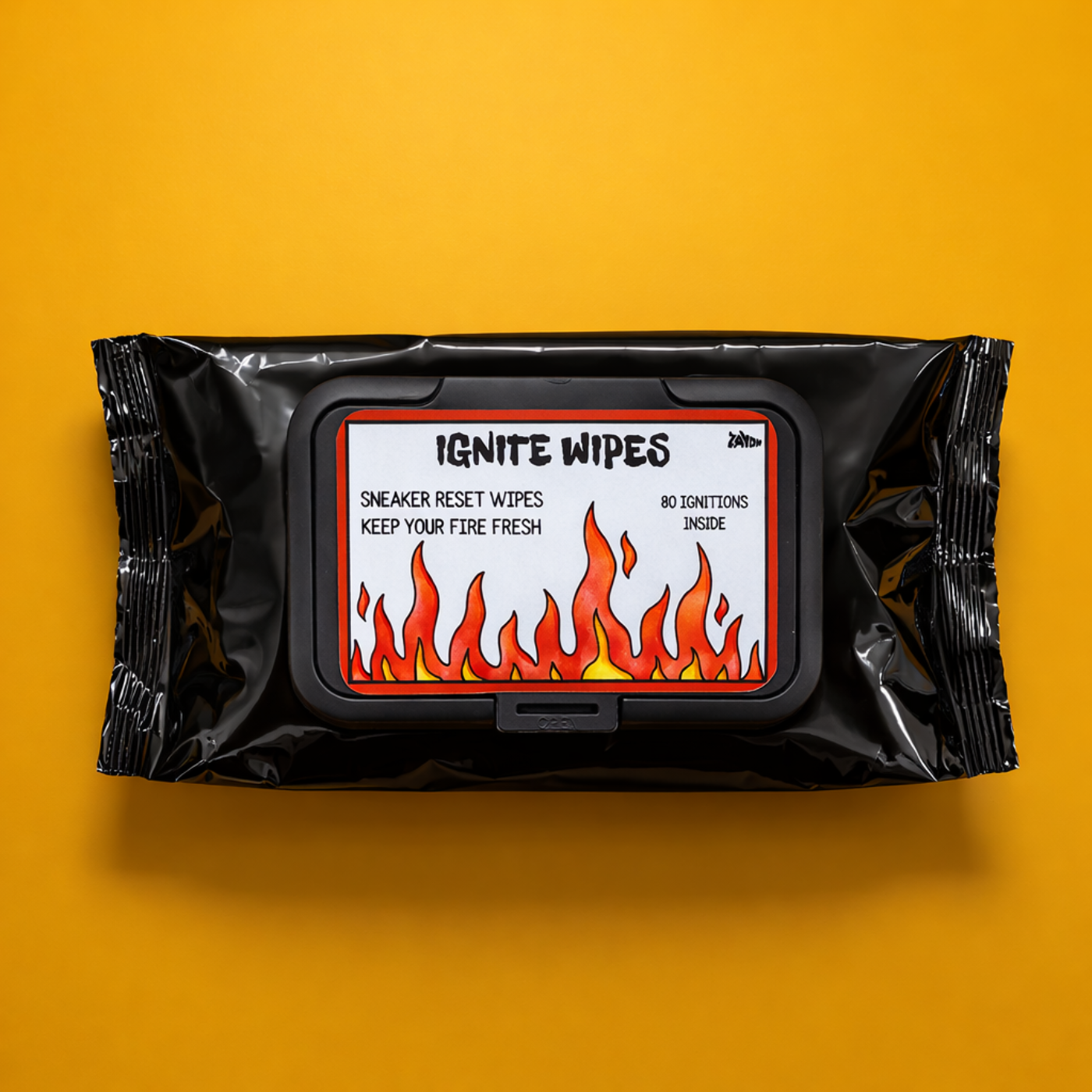 Pack of 'Ignite Wipes' on a yellow background